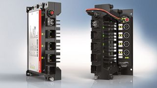 Der ultrakompakte IP65/67-Rechner C7015 (links) lässt sich auch unter beengten Platzverhältnissen vor Ort an der Maschine montieren und benötigt selbst mit dem direkt angebauten Ethercat-P-I/O-Modul der EPP-Reihe (rechts) nur minimalen Bauraum. (Beckhoff)
