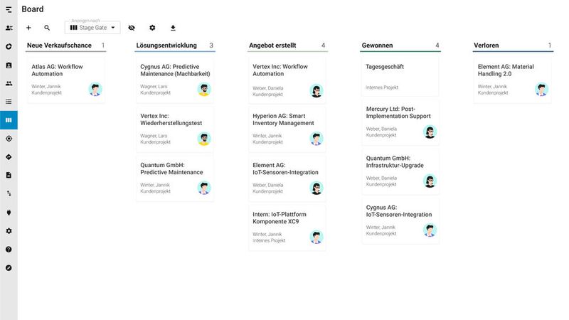 In der Board Ansicht sehen Sie Ihre Pipeline und Details zu einzelnen Aufträgen jederzeit auf einen Blick. (Bild: Meisterplan)