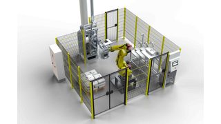 Amicus Smart Cell: Palettier- und Depalettierroboter führt automatisch leere Säcke einem Sackaufsetzer zu und palettiert fertige Produkte. (Bild: Haver & Boecker)