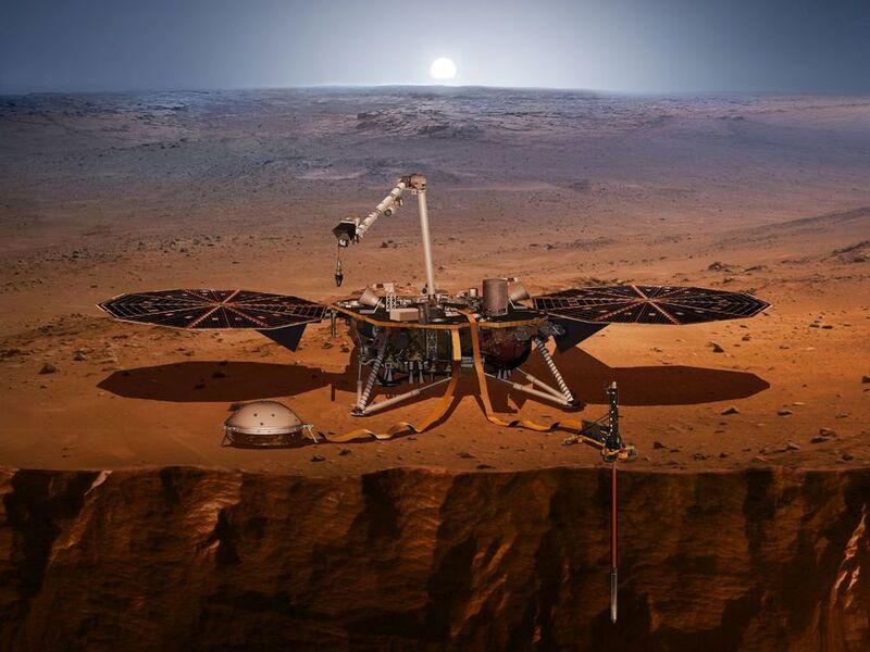 Artists' impression of the InSight lander. The sensors of the SEIS (Seismic Experiment for Interior Structure) seismometer (beneath the protective shield) are shown in front on the left; the ETH electronics are well protected inside the lander.  (NASA)