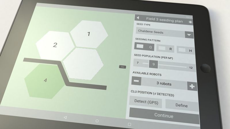 MARS: Sobald die Logistik-Einheit positioniert wurde, kann der Einsatz der Roboter per App gestartet werden. Während der Arbeiten kommunizieren die Roboter mit der Cloud, sodass für jeden Ablageort eines Saatkorns die Geo-Koordinaten gespeichert werden können.  (AGCO)