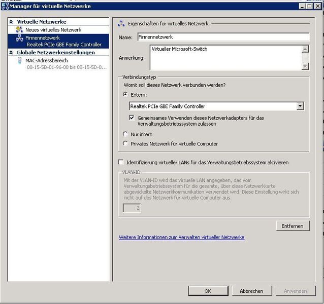 Abbildung 3: Microsoft Hyper-V – Das Einrichten von virtuellen internen und externen Netzwerken gehört mittlerweile zu den Standards (auch bei VMware) bei der Servervirtualisierung. (Archiv: Vogel Business Media)