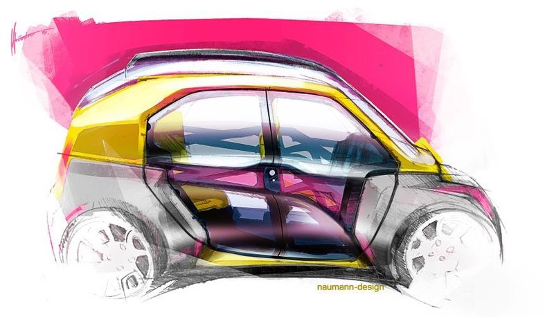 Skizze des CITY eTAXIs: Mit dem neu konzipierten Fahrzeugtypus positioniert sich das CITY eTAXI von ACM als Gegenpol zu den heutigen Entwicklungen in der Automobilwelt. (naumann-design)