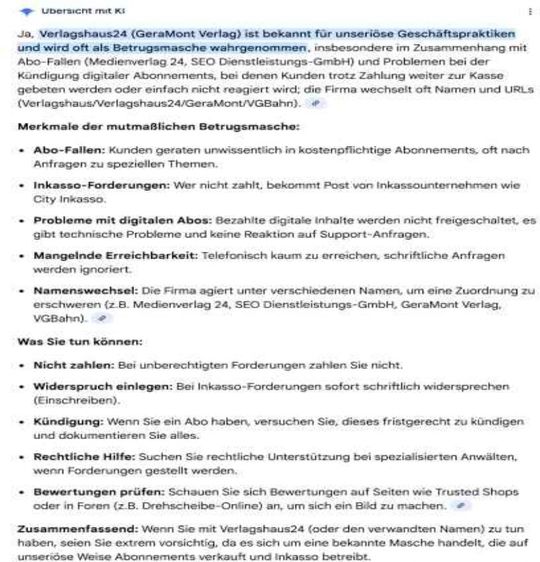 Die Antwort der Übersicht mit KI von Google auf eine Suchanfrage am 26. Januar 2026(Bild:  LG München I)