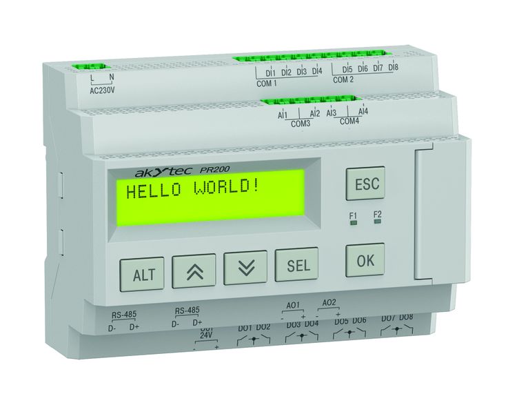 Das PR200 entspricht in der I/O-Ausstattung weitgehend dem PR100, ergänzt es jedoch um zwei Analogausgänge und bis zu zwei RS-485-Schnittstellen, außerdem verfügt es über ein zweizeiliges LCD mit sechs Bedientasten. (Bild: Akytec GmbH)