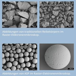 In der mikroskopischen Darstellung kann man die Unterschiede zwischen scharfkantigen Reibkörpern und den „Active Soft Pearls“ deutlich erkennen.(Foto:  PGP)