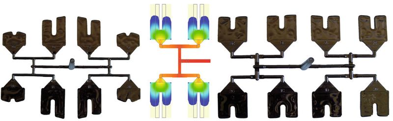 Optimierung des Fließverhaltens der Schmelze mittels Meltflipper (links ohne; rechts mit Einsatz von Meltflipper) und Visualisierung der Beeinflussungsmöglichkeiten mit Moldex3D (Mitte). (Bild: Simpatec)