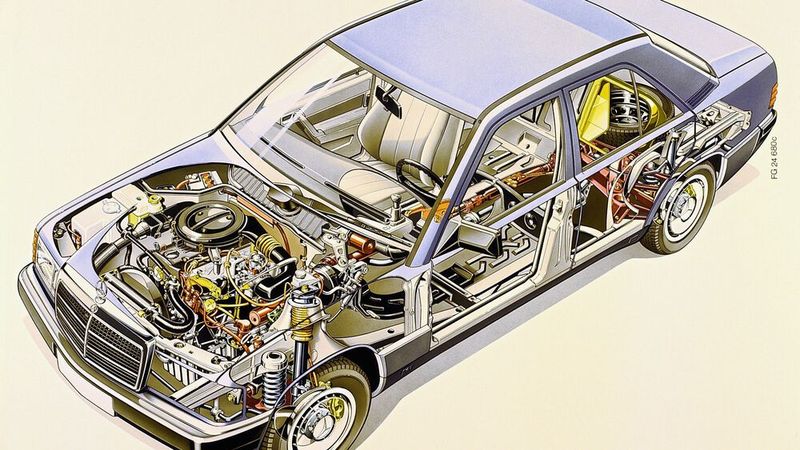 Quasi berühmt gemacht hat den 190 seine Hinterachse. So war der W 201 der erste Mercedes-Pkw in Serie mit der sogenannten Raumlenker-Hinterachse. Sie hat pro Rad fünf Lenker, die am Achsschenkel und am hinteren Fahrschemel der Karosserie an jeweils einem Gummilager gehalten werden.  (Bild: Mercedes-Benz)
