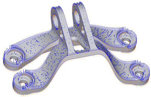 Polygonica 3.2 includes new smooth mesh morphing functionality based on control points and regions. The image shows a vector field representing deformation compensation for additive manufacturing, automatically generated by Polygonica 3.2 from comparison of the printed part with the design part. Deformation magnitudes are amplified for rendering.