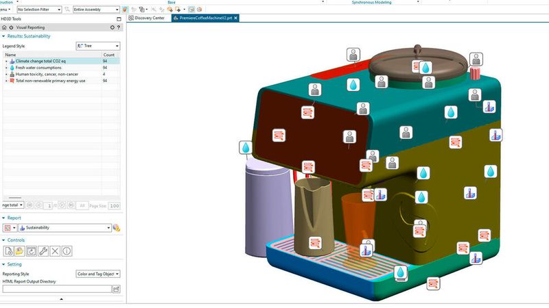 Die neue Funktion zur Analyse der Nachhaltigkeitsauswirkungen in NX rückt die Bewertung der Umweltauswirkungen in den Mittelpunkt des Entwicklungsworkflows eines Produkts. (Bild:  Siemens Digital Industries Software)