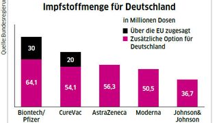 Abb. 2: Impfstoffmengen für Deutschland in Millionen Dosen: Biontech/Pfizer: über die EU zugesagte Menge 64,1; nationale Option: 30; Curevac: über die EU zugesagte Menge: 41; nationale Option 20; Astrazeneca: über die EU zugesagte Menge: 56,3; Moderna: über die EU zugesagte Menge: 50,5; Johnson&Johnson: über die EU zugesagte Menge: 36,7 (Stand: 12. Februar 2021) (Bild: Bundesregierung)