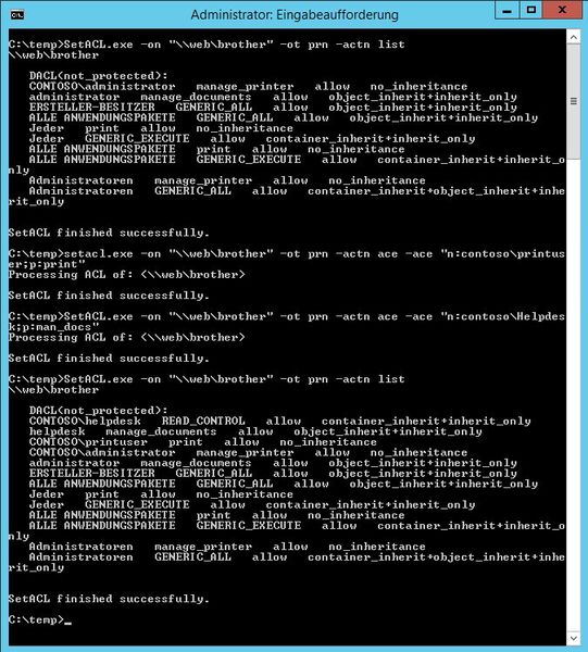 Abbildung 2: Mit dem kostenlosen Befehlszeilentool SetACL.exe lassen sich umfangreiche Sicherheitseinstellungen von Druckern schnell und einfach skripten. (Bild: Joos)
