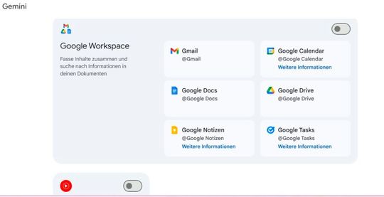 Auswählen der Quellen zur Anbindung an Google Gemini.(Bild:  Joos - Google)