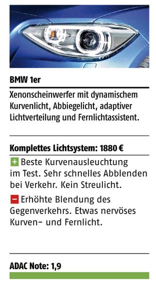 Der 1er BMW erreicht mit seinem etwas nervösen Kurven- und Fernlicht den zweiten Platz im ADAC-Test (ADAC)