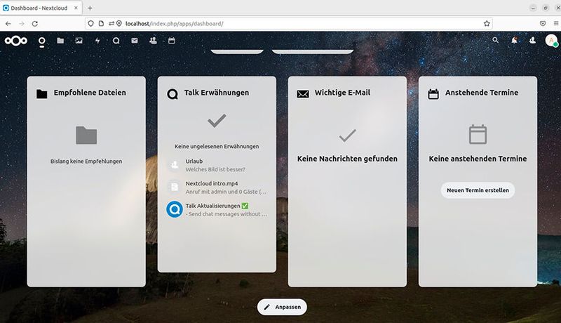 Das Dashboard ist der Einstiegspunkt für Benutzer. Hier sind alle Apps direkt verfügbar, inklusive eigener Widgets. 
 (Bild: Joos - Nextcloud)