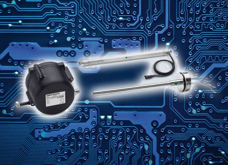 Die Gruppe der Wegaufnehmer für mobilhydraulische Einsätze: Der magnetostriktive Linearwegaufnehmer RK5, der potenziometrische Linearwegaufnehmer GPC67 und der Seilzugaufnehmer GSF (Gefran)
