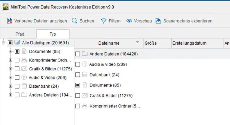 Auswählen der Datentypen, nach denen Power Data Recovery Free Edition suchen soll. (Joos/MiniTool Software (Screenshot))