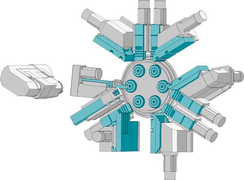 Simultane Bearbeitung mit Stech-/Bohr- und Kreuzschlitten. Rückseitenbearbeitung über Synchronspindel mit 3 Werkzeugen, davon 2 angetrieben sowie separaten Abstechschlitten als Option. (Bild: Index)