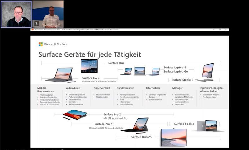 Robin Wittland, Director Business Group Surface, und Jörg Kreykamp, Director Surface Commercial, stellen das Portfolio von Microsoft für hybrides Arbeiten vor. (Vogel IT-Medien GmbH)