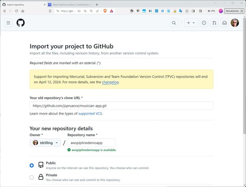 Das Importieren eines öffentlichen GitHub-Repositories in den eigenen GitHub-Account.