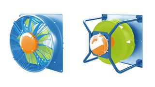 Die zentralen Funktionsbereiche des Ventilators in Axial- (links) und Radialventilatoren (rechts): das Laufrad als aerodynamisches Herzstück (grün), der Motor mit integrierter Elektronik als Antriebseinheit (orange) sowie der Stator, das heißt die luftführenden und tragenden Strukturen (blau).  (Bild: EBM-Papst)