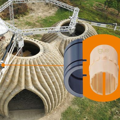 Dieses nach einem Bienenkorb aussehnde Gebilde ist ein Haus aus Lehm. Das Besondere ist, dass es von einem Groß-3D-Drucker aus Italien hergestellt wurde. Damit der Drucker von Wasp auch lange läuft, gleiten seine beweglichen Teile auf Igus-Polymer mit Trockenschmierung ... (Bild: Igus)