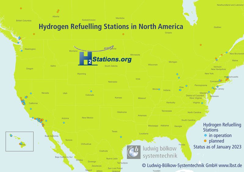 Im Jahr 2022 gingen in Nordamerika 11 neue Tankstellen in Betrieb. Von den insgesamt 89 Tankstellen befinden sich 70 und damit weiterhin der größte Teil in Kalifornien.  (Bild: Ludwig-Bölkow-Systemtechnik)