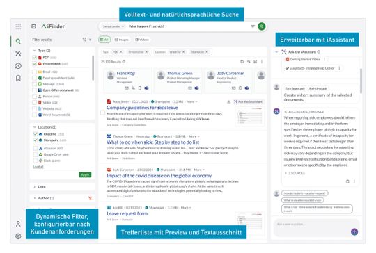 Der iAssistant ergänzt die Trefferliste der KI-Suche iFinder um kontextualisierte Antworten und Zusammenfassungen.(Bild:  IntraFind Software AG)
