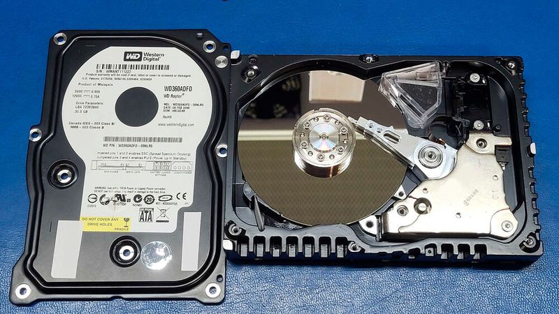 Die Western Digital Raptor aus dem Endoskop im Reinraum. Nach dem Austausch der defekten Schreibleseköpfe musste CBL Datenrettung noch mit über 1.000 Lesefehlern fertig werden, bevor ein bootfähiger Klon erzeugt werden konnte. (Bild:  CBL Datenrettung)