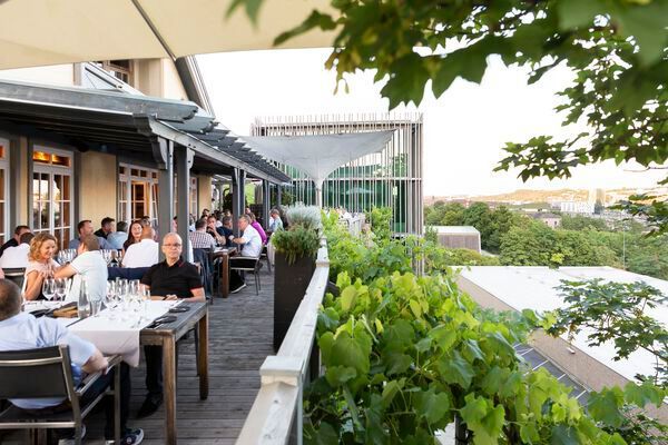 Abendveranstaltung im berühmten Weinberg Würzburger Stein: Ankommen, Entspannen, Genießen und Netzwerken beim gemeinsamen Abendessen auf der Terrasse vom Sternerestaurant Reises mit Blick über Würzburg (Bild: Stefan Bausewein)