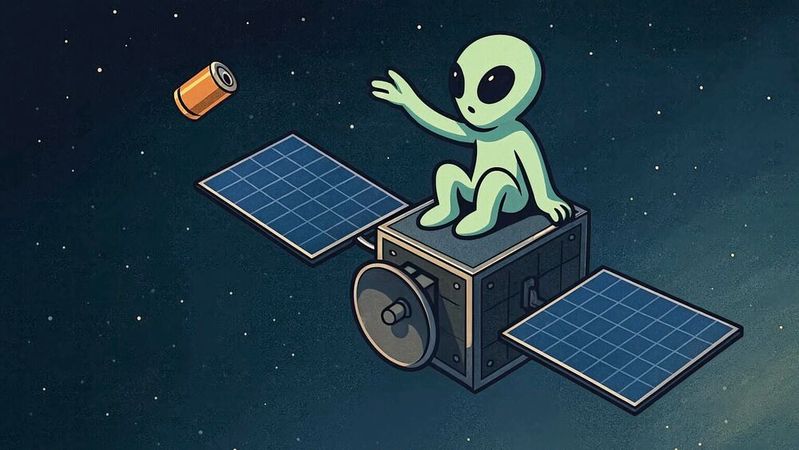 Beim Wegwerfen der Masse bewegt sich der Satellit in die Gegenrichtung – ein simples, aber klares Beispiel für Newtons drittes Gesetz.(Bild:  Dall-E / KI-generiert)