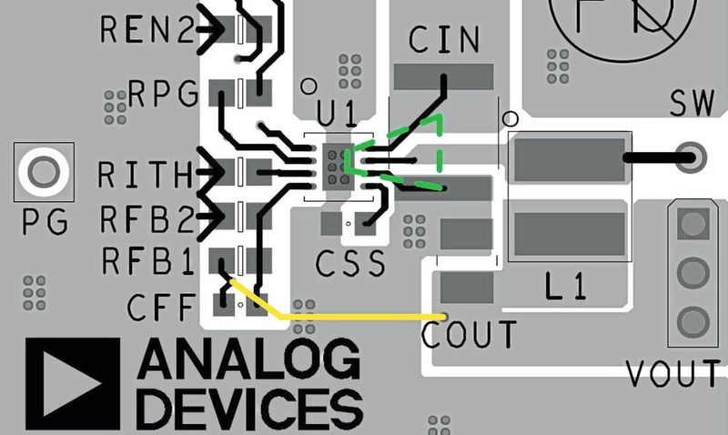 Bild 2: Beispielschaltung mit dem Abwärtswandler ADP2360 mit Platzierung der Spule. (Analog Devices)