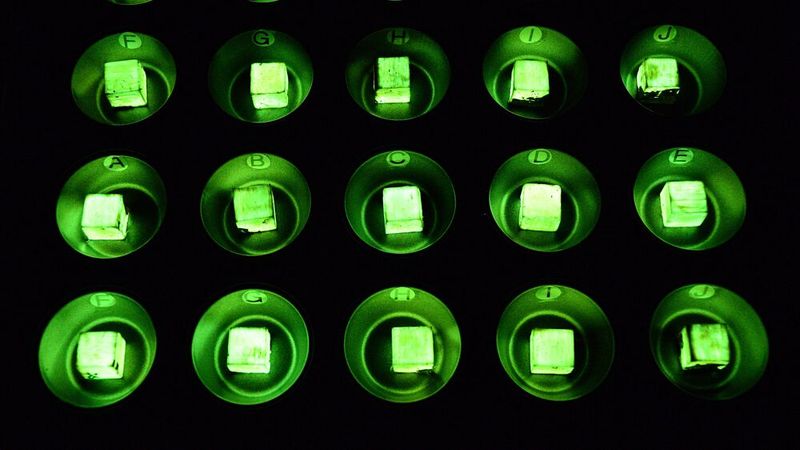 Holzproben, die mit dem Hallimasch-Pilz Desarmillaria tabescens behandelt wurden, leuchten grün in der Dunkelheit. (Bild:  Empa)