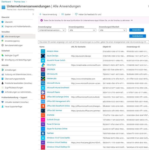 Anzeigen der angebundenen Unternehmens-Apps in Azure AD. (Microsoft / Joos)
