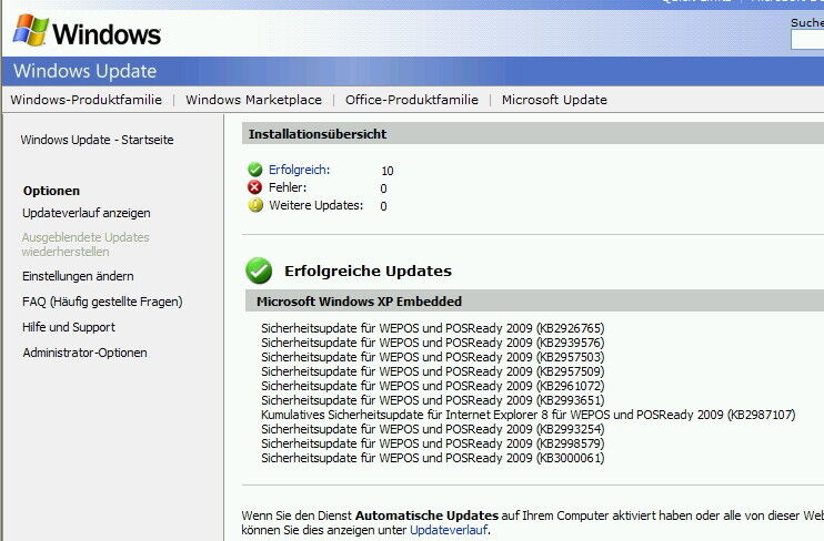 Abbildung 5: Maskiert sich Windows XP als Microsoft Embedded POSReady 2009, stehen einige neue Updates zur Installation bereit. Diese sollten aber mit Sorgfalt ausgewählt und installiert werden. (Bild: Joos)