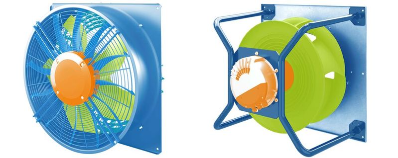 Die zentralen Funktionsbereiche des Ventilators in Axial- (links) und Radialventilatoren (rechts): das Laufrad als aerodynamisches Herzstück (grün), der Motor mit integrierter Elektronik als Antriebseinheit (orange) sowie der Stator, das heißt die luftführenden und tragenden Strukturen (blau). (Bild:  EBM-Papst)