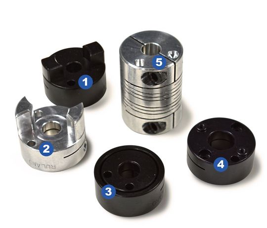 Konstruktiv gewuchtete Bohrungen: 1. Oldhamkupplung 2. Elastomerkupplung 3. Balgkupplung 4. Lamellenkupplung 5. Beamkupplung(Bild:  Ruland)