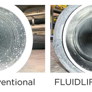 Mit dem Förderverfahren Fluidlift Ecoblue werden Abriebentstehung und Ablagerungen in der Anlage sicher vermieden – links herkömmlich, rechts neues Verfahren.(Bild:  Coperion)