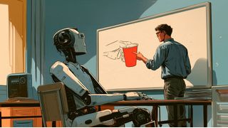 Ein Weltmodell soll dem Roboter nicht nur erklären, wie er einen Becher greift, sondern auch die Folgen seiner Bewegung berechnen. (Bild: Midjourney / KI-generiert)
