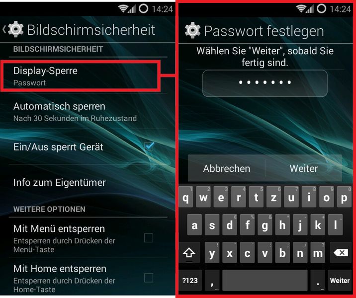 Passwortsperre: Die Sicherheit eines Android-Gerätes beginnt bereits bei der Displaysperre. Diese sollte man direkt als erstes einrichten. Auf neueren Geräten finden sich in der Regel unterschiedliche Sperroptionen, darunter Fingerbewegung, PIN oder Passwort. Das Passwort stellt die sicherste Variante dar, die Fingerbewegung hingegen ist anfällig für Missbrauchsversuche. Denn hier lässt sich manchmal schon allein durch die Fingerspuren auf dem Display der Code nachvollziehen. (Bild: Archiv)