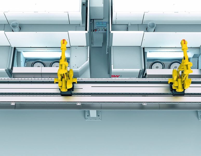 Das Bearbeitungszentrum BA W02-22 von SW erlaubt ein hauptzeitparalleles Be- und Entladen mit integriertem 6-Achs-Roboter. (Schwäbische Werkzeugmaschinen)