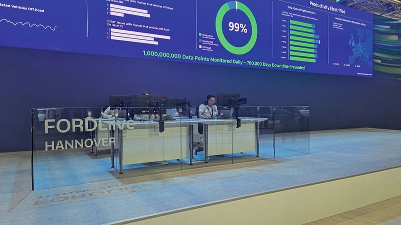 Ford Liive: In der IAA-Woche sitzt ein Ford-Team auf der IAA, das von Hannover aus live die Fahrzeuge auf den Straßen via Telematik-Daten überwacht. Normalerweise sitzen die Teams an fünf Standorten in Europa, darunter in Köln. (Bild: Simon / VCG)