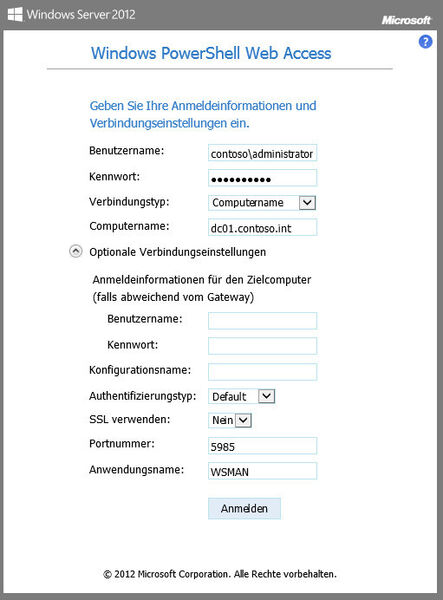 Abbildung 2: Um PSWA zu nutzen geben Anwender die Adresse https:///pswa ein. Zunächst muss eine Authentifizierung erfolgen und der Server angegeben werden, mit dem sich der Anwender verbinden will. (Joos)