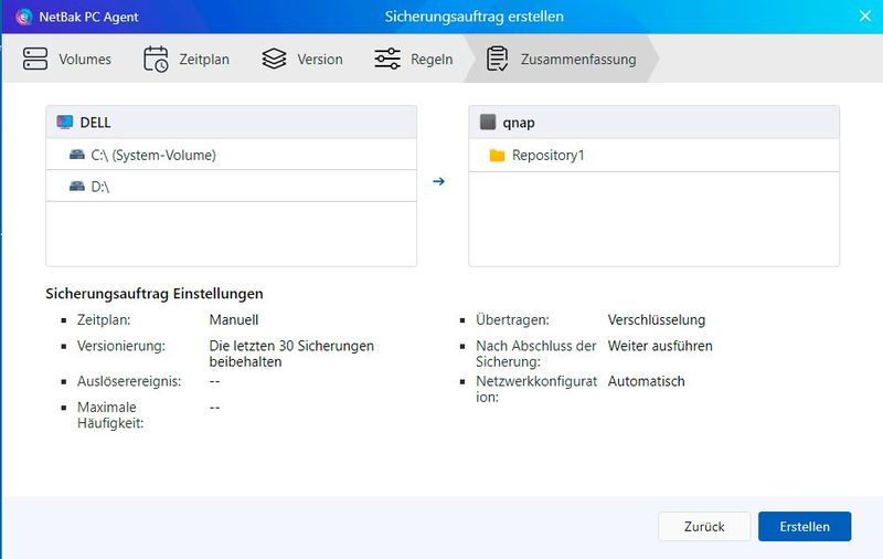 Anzeigen der Sicherungskonfiguration eines Servers im NetBak PC Agent. (Bild: Joos – QNAP)