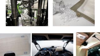 Ebenfalls in der Kategorie Automobil- und Straßentransport-Teile hat das Fraunhofer IMWS für die Entwicklung einer thermoplastischen Sandwichformtechnik den Award erhalten. Die thermoplastische Sandwichformtechnik ermöglicht die vollautomatische Herstellung von 3D-Formteilen in materialeffizienter Sandwich-Leichtbauweise. Das Potenzial dieser innovativen Hybridtechnologie wurde anhand einer Staufachabdeckung einer LKW-Fahrerkabine demonstriert. (Bild: Fraunhofer IMWS)
