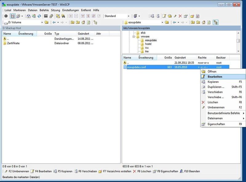 Abbildung 9: Nach Angabe aller Anmeldedaten erscheint gemäß der Installationsoption ein Dateimanager „im guten altem Commander-Look“. Dieser ermöglicht ein zweiteiliges Fenster. Links ist die lokale Maschine und rechts der remote Host zu sehen. Im obigen Beispiel handelt es sich um ein VMware ESXi 4.1-Host. Die Programmoberfläche ist „wie gewohnt“ zu bedienen. Über ein Kontextmenü mit der rechten Maustaste erhält man weitere Befehle, wie beispielsweise das Bearbeiten. Selbst benutzerdefinierte Befehle können hier abgesendet werden. (Archiv: Vogel Business Media)