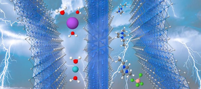 Einbau von Kationen in den Zwischenschicht-Nanoraum des 2D-Materials MXen. Das richtige „matching“ von Ionengröße, Elektrolyt und Nanoraum des Elektrodengitters kann eine deutliche Steigerung der Energiespeicherkapazität und Schnellladefähigkeit ermöglichen.(Bild:  INM / Volker Presser)