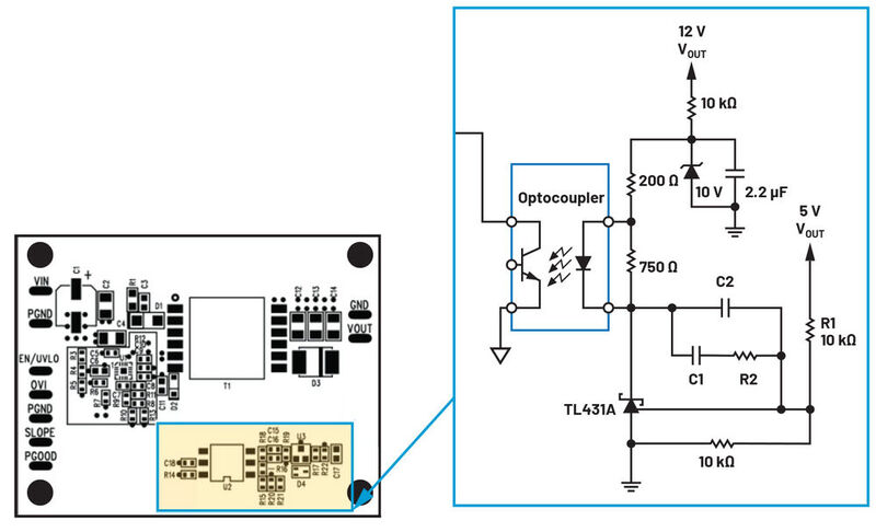 Bild 5: Beispiel für eine herkömmliche Rückkoppelschaltung mit Optokoppler, Fehlerverstärker und Spannungsreferenz. (Bild: ADI)