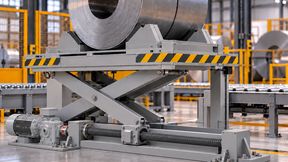 The lift table adjustment is based on the A100 linear actuators with the ball screw spindle KGS_R 160x30-RH. For start-up, 3,900 Nm are available. (Source: Neff threaded drives)