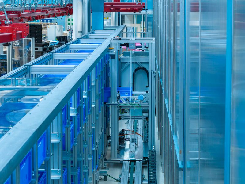 A shuttle takes care of storing and retrieving the KLTs with the components. (Image:Yaskawa Europe)